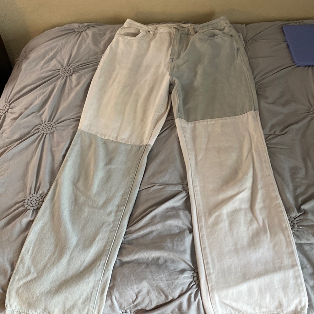 Patchwork wide legged jeans, size 7